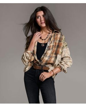 BKE Frayed Flannel Boyfriend Shirt - Brown