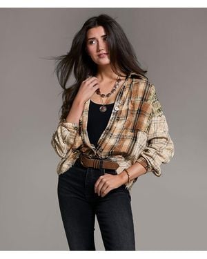 BKE Frayed Flannel Boyfriend Shirt - Brown