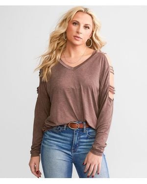 BKE Strappy Cold Shoulder Top - Brown