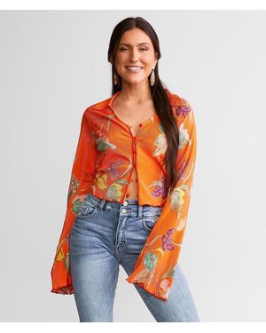 Willow & Root Pleated Floral Cropped Blouse - Orange