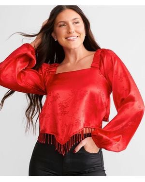 Willow & Root Satin Jacquard Hanky Cropped Top - Red
