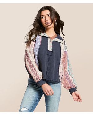 Pol Pieced Floral Hooded Baby Doll Henley - Blue