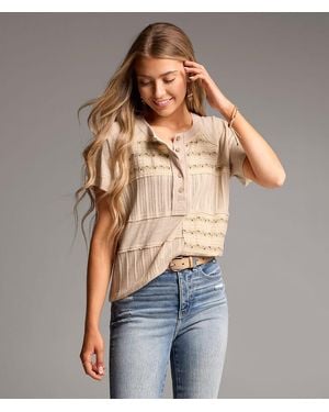 BKE Pieced Floral Embroidered Henley - Brown