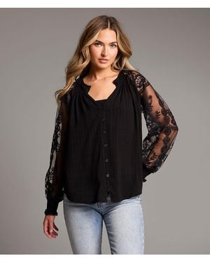 BKE Embroidered Mesh Blouse - Black