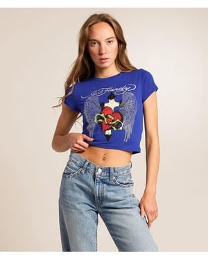 Ed Hardy Sacred Heart Wings Cropped Baby T-Shirt - Blue