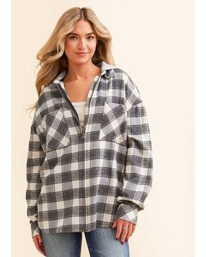 BKE Plaid Boyfriend Hooded Flannel Shirt - Gray