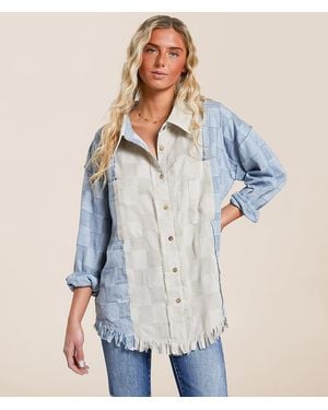 Oli & Hali Pieced Checker Fringe Shirt - Blue