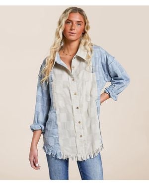 Oli & Hali Pieced Checker Fringe Shirt - Blue
