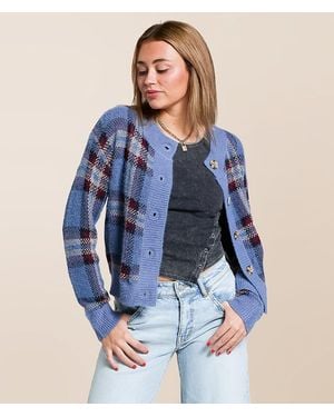Gilded Intent Plaid Cardigan Sweater - Blue
