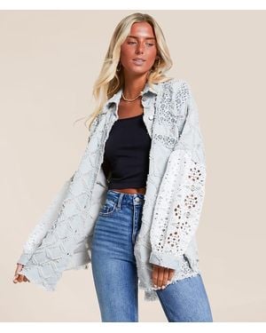 Pol Pieced Floral Denim Oversized Shacket - Blue