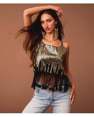 Sterling & Stitch Sequin Fringe Cropped Tank Top - Brown