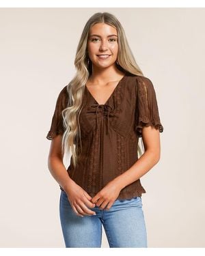 Daytrip Floral Lace Flutter Sleeve Top - Brown
