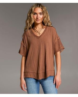 BKE Pieced Open Weave Top - Brown