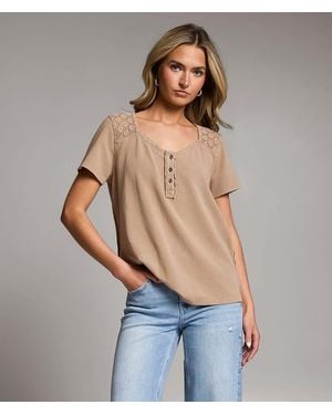 BKE Crochet Henley Top - Blue