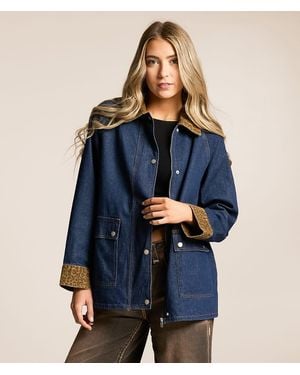 Sunday Edition Leopard Trim Barn Denim Jacket - Blue