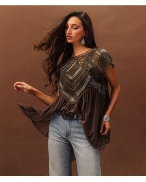 Sterling & Stitch Embellished Mesh Tank Top - Brown