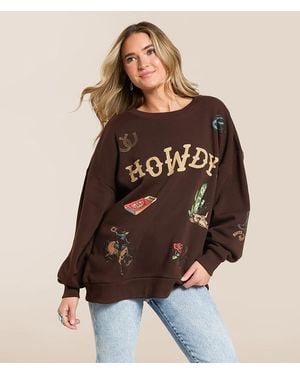 Modish Rebel Howdy Tattoo Oversized Pullover - Brown