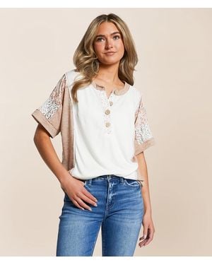 Daytrip Pieced Floral Lace Henley - White