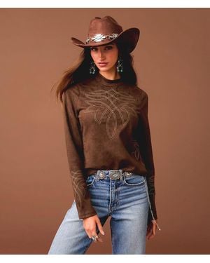 Sterling & Stitch Embroidered Faux Suede Top - Brown