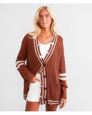 BKE Destructed Varsity Oversized Cardigan Sweater - Red