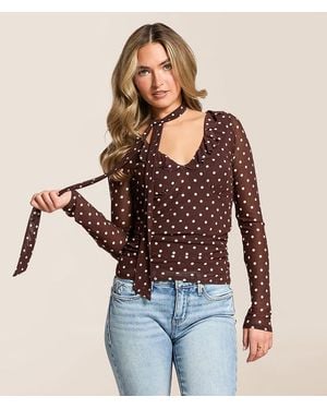 Willow & Root Polka Dot Mesh Top With Detachable Scarf - Red