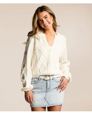 Willow & Root Embroidered Floral Cardigan Sweater - White