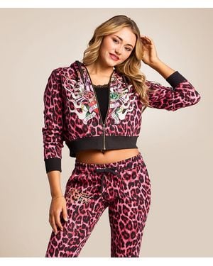 Ed Hardy Panther Roses Leopard Print Hoodie - Red
