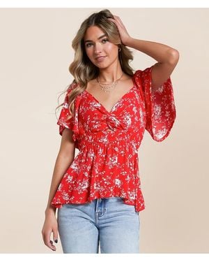 Daytrip Floral Flutter Sleeve Top - Red