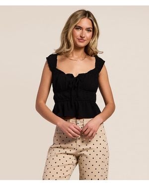 Lush Textured Ruffle Peplum Cropped Tank Top - Black