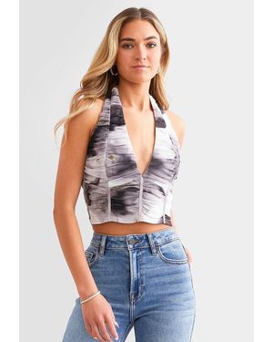 Willow & Root Shirred Mesh Cropped Halter Tank Top - Blue