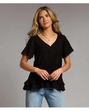 BKE Crochet Trim Ruffle Top - Black