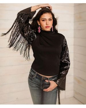 Sterling & Stitch Sequins Fringe Top - Black