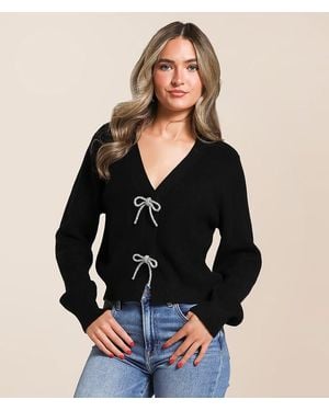 The Workshop Rhinestone Bow Cropped Cardigan Sweater - Black