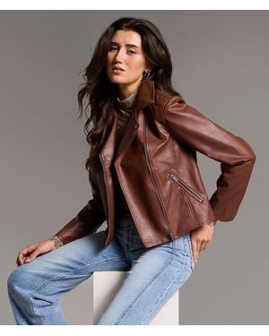BKE Asymmetrical Faux Leather Moto Jacket - Brown