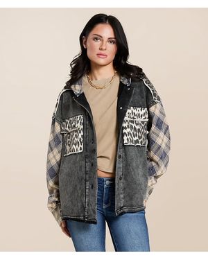 Gilded Intent Mixed Cheetah Hooded Shacket - Black