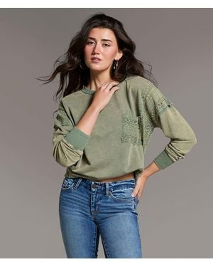 BKE Pieced Crochet Washed Pullover - Green