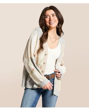 Pol Pieced Floral Cable Knit Cardigan Sweater - Natural