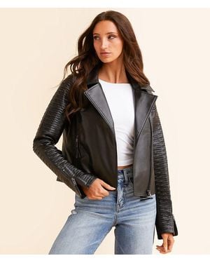 Open SZN Faux Leather Moto Cropped Jacket - Black