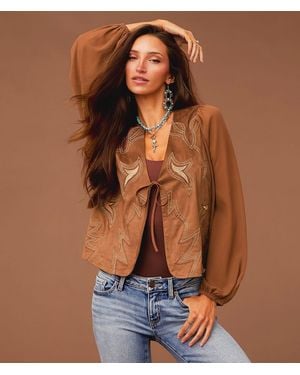 Sterling & Stitch Embroidered Faux Suede Top - Brown