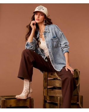 Sterling & Stitch Studded Western Chambray Shirt - Brown