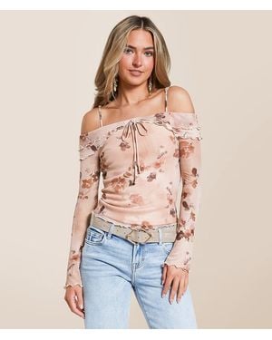 Willow & Root Floral Mesh Cold Shoulder Top - Blue