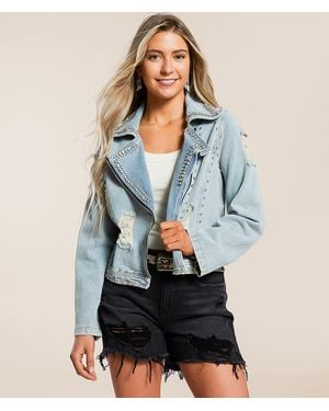 Davi & Dani Rhinestone Studded Denim Jacket - Blue