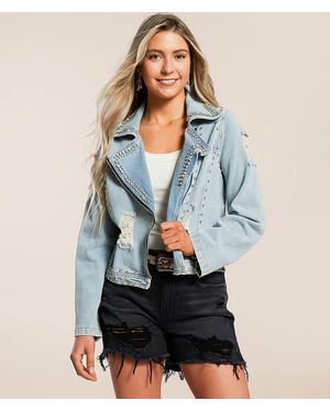 Davi & Dani Rhinestone Studded Denim Jacket - Blue