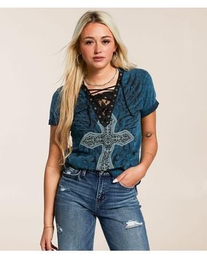 Affliction Sapphire Lake Lace-Up T-Shirt - Blue