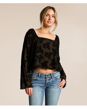 Willow & Root Flocked Floral Mesh Cropped Top - Black
