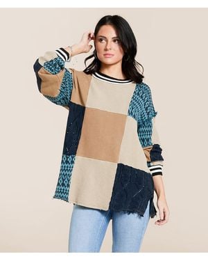 Gilded Intent Mixed Media Oversized Pullover - Blue