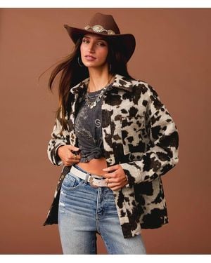 Sterling & Stitch Cow Print Fleece Shacket - Blue