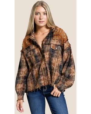 Miss Me Washed Plaid Hooded Shacket - Brown
