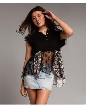 BKE Pieced Floral Lace Henley - Black