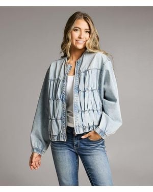 BKE Ruched Denim Bomber Jacket - Blue